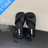 SUNTEK法式小众配裙子褶皱一字仙女时装鞋2023夏新款学生平底罗马女凉鞋