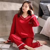 南极人睡衣女秋纯棉长袖春秋套头夏韩版条纹外穿冬全棉家居服套装