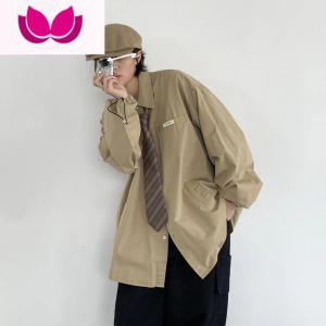 七斓日系复古薄款长袖衬衫男女生纯色港风BF宽松工装外套打底