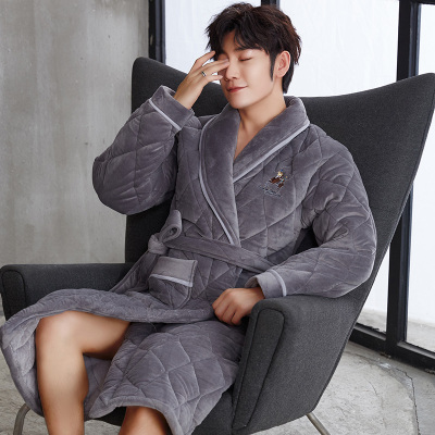 珊瑚绒夹棉连体睡衣男冬季家居服三层加绒加厚保暖加长款睡袍男冬