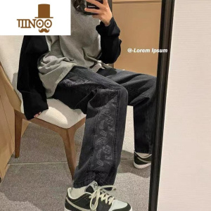 YANXU腰果花裤子男春季潮流百搭ins港风韩版阔腿牛仔裤宽松直筒九分裤