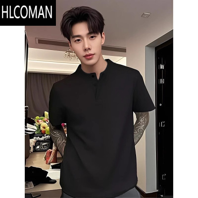 HLCOMAN华夫格亨利领短袖T恤男美式潮牌纯色宽松休闲半袖体恤