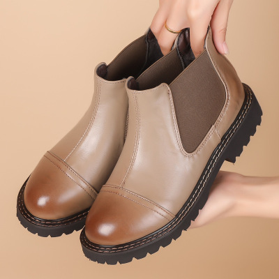 切尔西靴女压花牛皮一脚蹬复古短靴女秋冬款厚底英伦风马丁靴