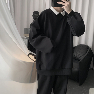 梵克公牛暗黑翻领卫衣男拼色流百搭休闲上衣黑色