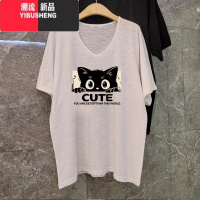 YIBUSHENG港味复古chic短袖女季V领大码竹节棉T恤宽松慵懒风潮牌ins上衣