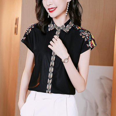 闪洛短袖衬衫女装夏季2021时尚设计感上衣宽松休闲黑色复古印花衬衣