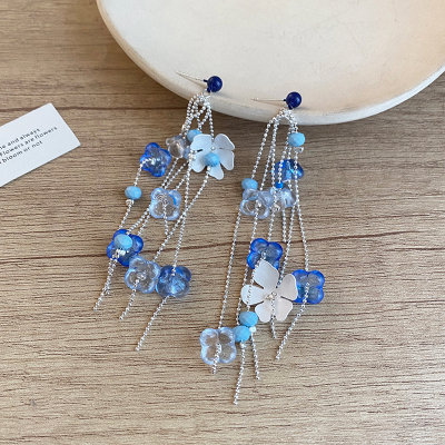蓝色水晶流苏耳环女小众设计感高级耳钉网红耳饰气质轻奢耳坠送女朋友老婆情人节七夕生日礼物