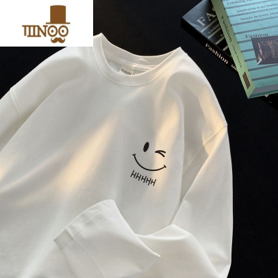 YANXU笑脸长袖t恤男款美式潮牌圆领卫衣青少年内搭打底衫