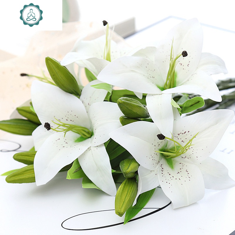 花束绢花客厅桌面电视柜装饰假花插花摆件 封后 白色百合8枝(含瓶)