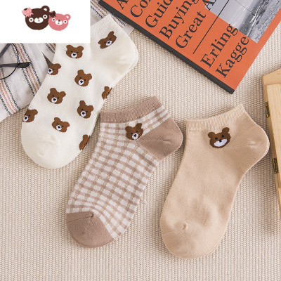 绿彩虹光可爱小熊袜子女短袜浅口ins潮韩国春夏薄款复古棕色低帮船袜