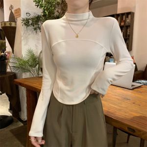 德绒半高领内搭打底衫女秋冬新款修身短款磨毛鱼骨学生上衣潮