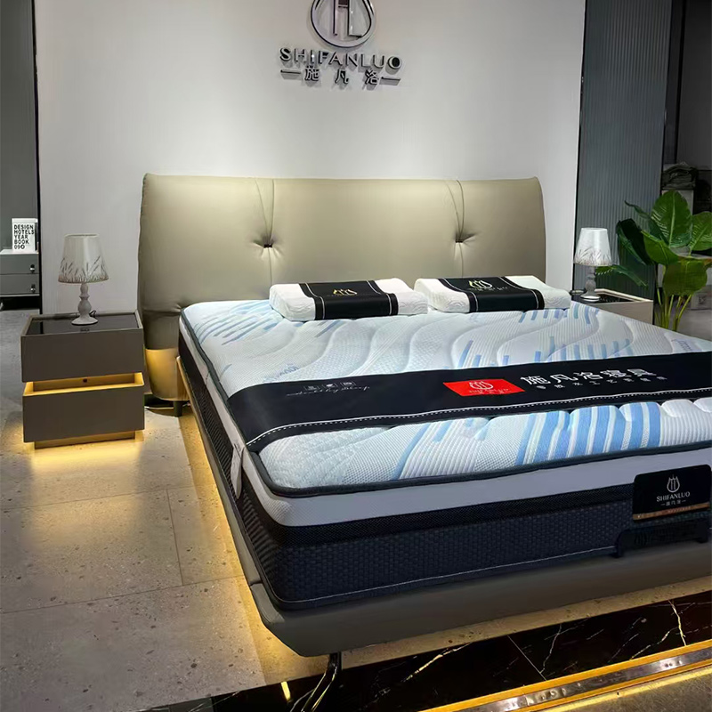 科朔真皮床现代简约皮床工厂展厅实拍轻奢风网红床(配悬浮灯带)L392