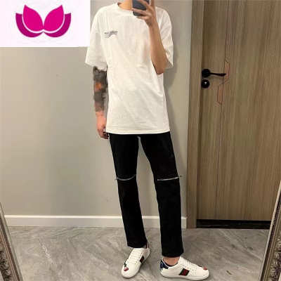 七斓高街潮牌膝盖拉链黑色牛仔裤男学生破洞潮流百搭休闲九分裤