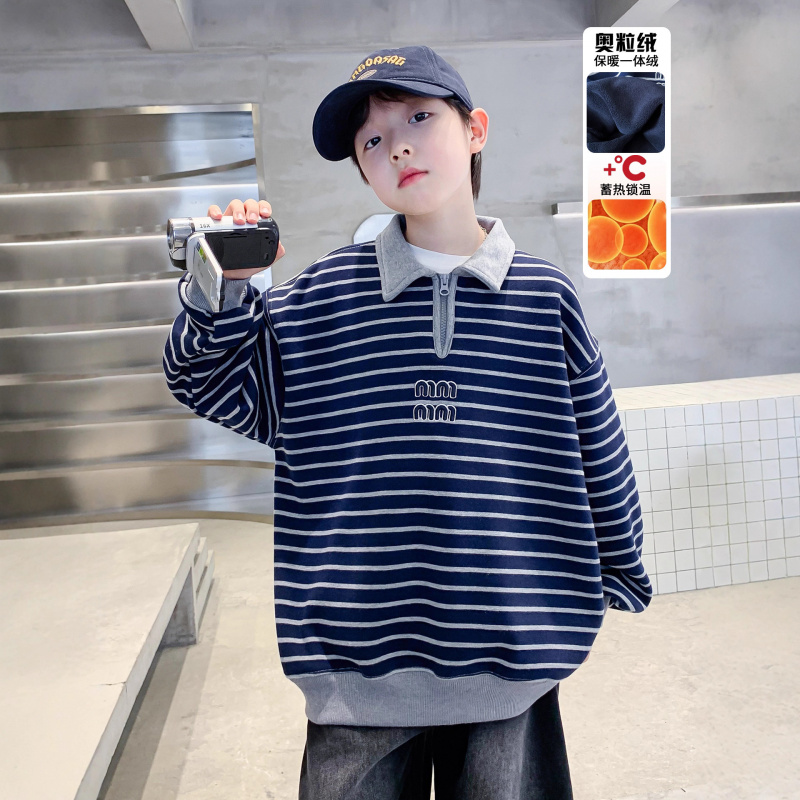 男童条纹加绒卫衣新款儿童秋冬装中大童polo衫一体绒上衣加厚
