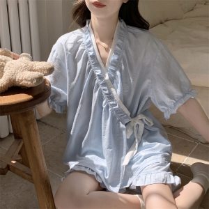 2026年新款春秋季天女士新中式系带睡衣长袖大码套装家居服可外穿