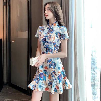 2021春装新款女文艺卡通旗袍年轻款少女日常复古短款改良连衣裙女青戈