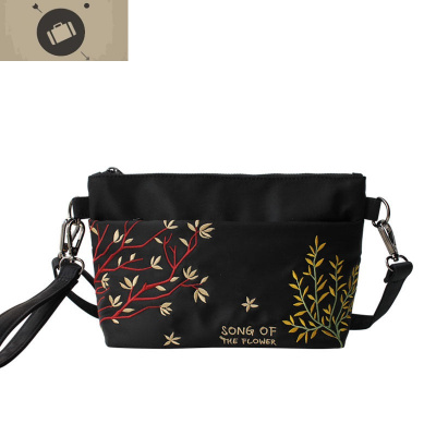 花之歌春季刺绣文艺包斜挎包手拿包单肩包尼龙女包休闲包艾狄伊娃手提包黑色