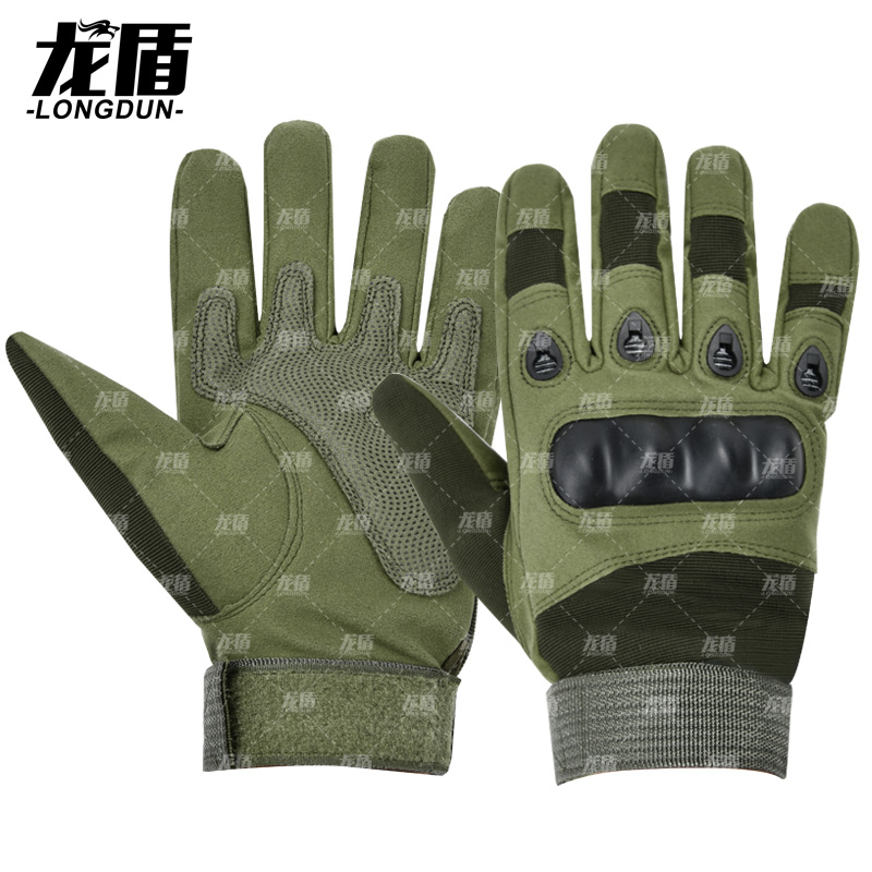 龙盾 战术全指手套男士格斗拳击户外骑行机车摩托运动健身露指军绿色