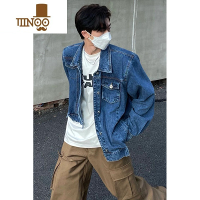 YANXUins美式复古不规则设计感蓝色牛仔夹克男 秋季休闲宽松情侣装外套