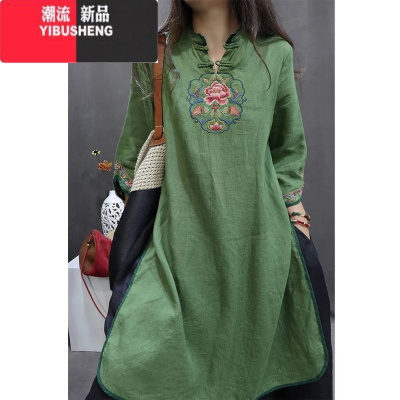 YIBUSHENG中式棉麻复古国风连衣裙重工刺绣民族中长款七分袖女季宽松裙子