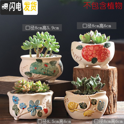 三维工匠韩式多肉花盆陶瓷粗陶透气创意个性肉肉植物拇指简约花盆 手彩多艺组合4个 小花盆容器