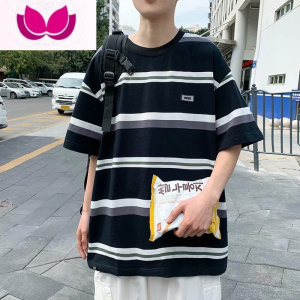 七斓夏季条纹短袖t恤男士ins潮牌港风宽松体恤韩版潮流百搭半袖上衣服
