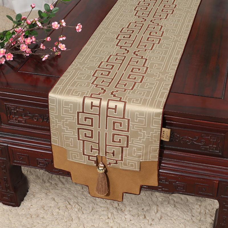 新中式古典玉桌旗茶几长条布艺中国风桌布床柜旗电视柜盖布 如意纹浅咖 34*250适合桌长190-200CM