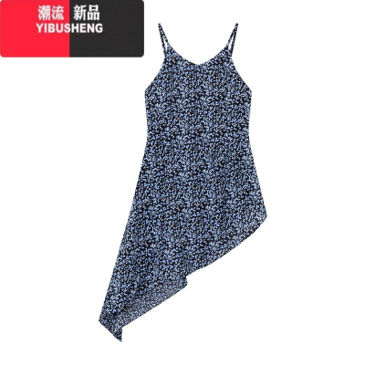 YIBUSHENG不规则蓝色碎花吊带裙女装季复古叠穿A字裙雪纺连衣裙