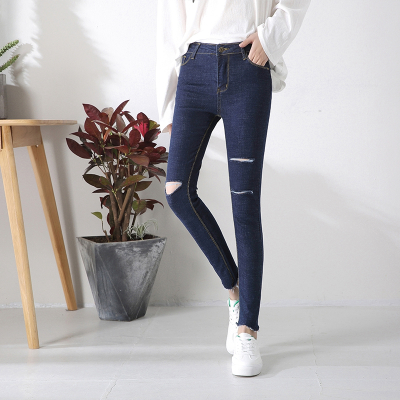 破洞牛仔裤女黑色高腰九分小脚铅笔裤碎口毛边弹力紧身