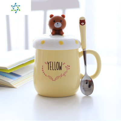 卡通情侣马克杯可爱超萌少女心水杯陶瓷杯带盖勺早餐牛奶咖啡杯三维工匠