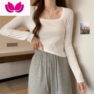 七斓2023新款长袖方领t恤女早秋季别致打底衫短款显瘦设计感黑色上衣