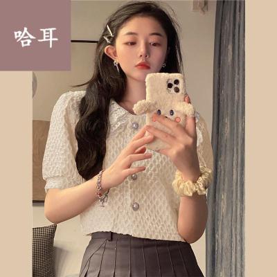 短袖衬衣寸衫女款半袖夏季韩版2021新款宽松短款蕾泡泡袖时尚百搭减龄短袖衬衫上衣女