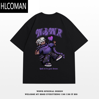 HLCOMAN欧美式卡通动漫字母印花短袖t恤男夏季潮牌百搭休闲情侣上衣