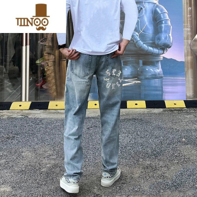 YANXU牛仔裤男款美式秋季垂感长裤潮牌简约高街直筒休闲裤水洗立体印花