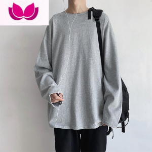 七斓长袖T恤男宽松简约纯色打底衫夏季新款衣服港风潮牌上衣圆领卫衣