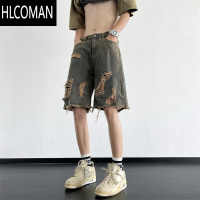 HLCOMAN美式嘻哈破洞牛仔短裤男款夏季潮牌痞帅宽松设计感做旧直筒五分裤
