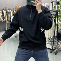 秋冬新款长袖体恤打底衫加绒加厚织带拼色卫衣男装上衣时尚半拉链