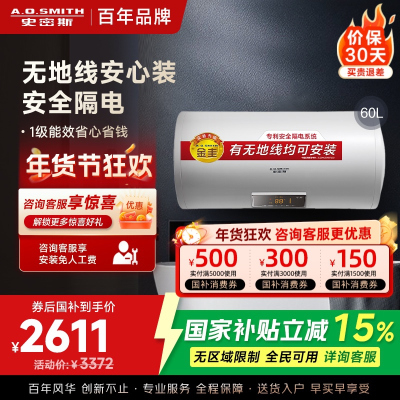 AO史密斯60升电热水器 无地线可安装 专利安全隔电 金圭内胆 速热节能 一键中温保温E60VDS 预约洗浴