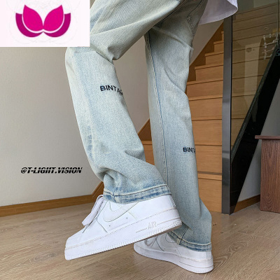 七斓西海岸美式裤子男高街vibe潮牌黄泥色刺绣牛仔裤男款修身微喇长裤