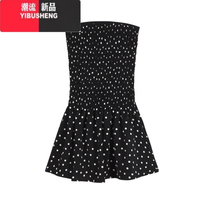 YIBUSHENG一字肩黑色波点抹胸连衣裙女装季法式甜美气质裙子收腰a字短裙