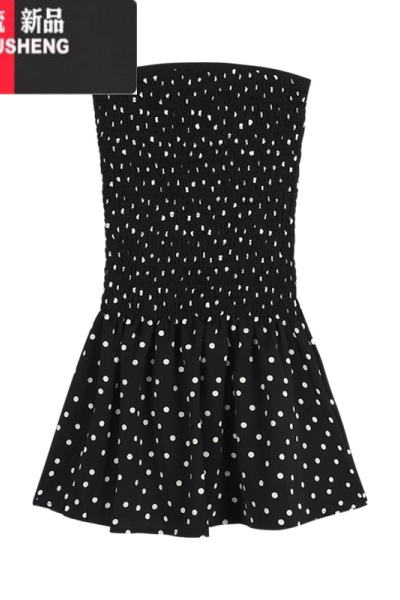 YIBUSHENG一字肩黑色波点抹胸连衣裙女装季法式甜美气质裙子收腰a字短裙