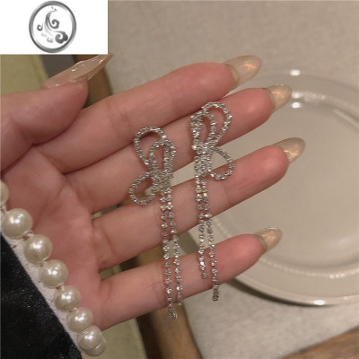 JiMi超闪高级感蝴蝶结耳钉~ins韩国2023新款潮耳环长款流苏耳饰女耳夹