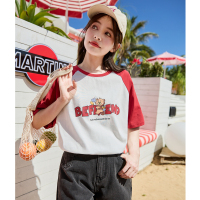 [2.5折价59元]唐狮新款圆领短袖T恤女夏撞色插肩袖宽松上衣女设计感小众sz