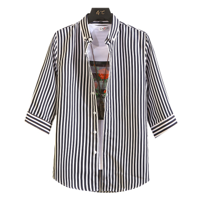 LEEVIRHINO2021年夏季新款男士七分袖衬衫男式中青年商务休闲条纹五分短袖寸衫大码打底衫男士衬衣中袖外套男装潮男