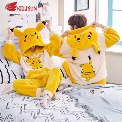 可莉允冬天情侣睡衣珊瑚绒加厚款保暖带帽可爱女秋冬季卡通男家居服套装睡衣