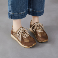 阿甘鞋女2026春季新款真皮拼色复古百搭系带加绒厚底运动风休闲鞋