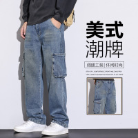 男士大口袋工装牛仔裤男宽松垂顺大码舒适耐磨复古男休闲直筒长裤