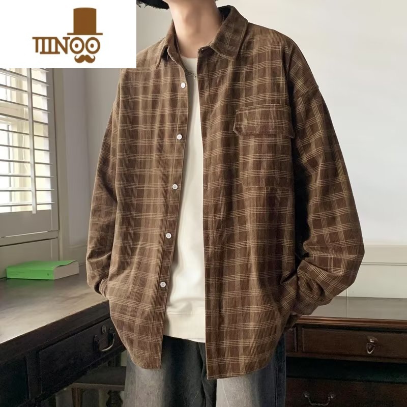 YANXU美式复古衬衫男长袖新款ins潮牌格子衬衣宽松休闲翻领外套