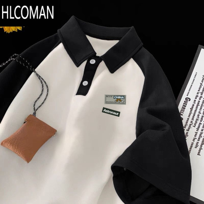 HLCOMAN插肩撞色polo衫男夏季2024新款美式复古痞帅翻领体恤上衣服潮