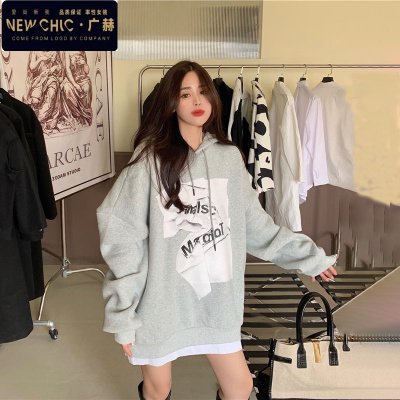 广赫假两件加绒加厚卫衣女连帽港味bf风大码宽松中长款个性印花上衣潮卫衣